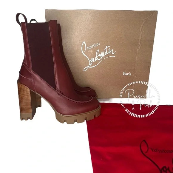 NWB Christian Louboutin Glory Leather Red Sole Chelsea Booties Chestnut Brown 38