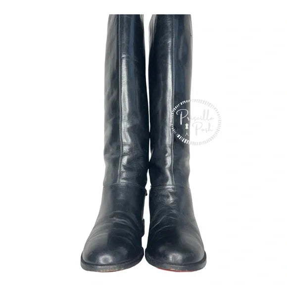 Christian Louboutin Black Leather Knee High Silver Chain Combat Boot Rubber Sole 37