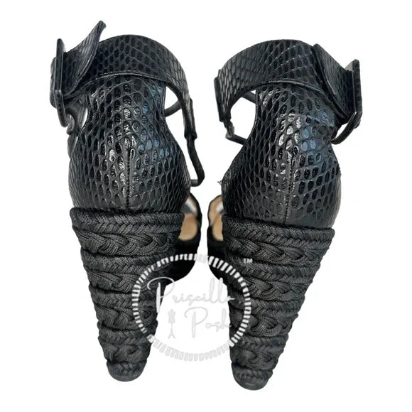 Christian Louboutin Black Platform Snakeskin Leather Braided Wedge Sandals 39