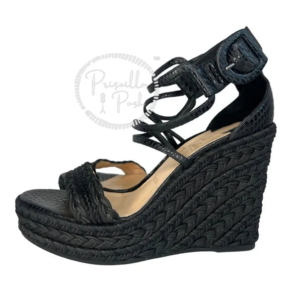 Christian Louboutin Black Platform Snakeskin Leather Braided Wedge Sandals 39
